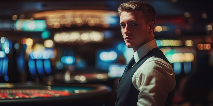 Meja permainan casino bergaya modern dengan dealer live yang ramah dan profesional